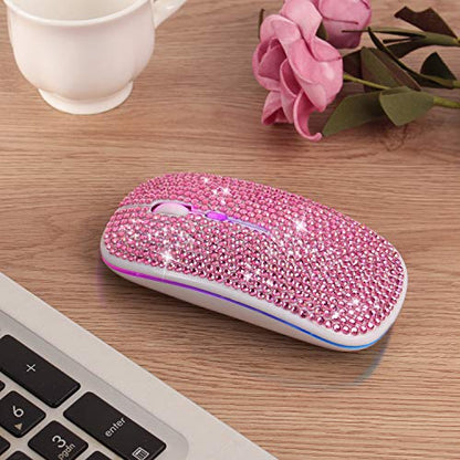 Bluetooth Mouse,Bling Dazzling 2.4GHz Rechargeable Wireless Mouse Slim Mouse with USB Receiver, Compatible with Notebook, PC, Laptop, Computer, MacBook,Great Present idea for Her (Pink) - color: Pink