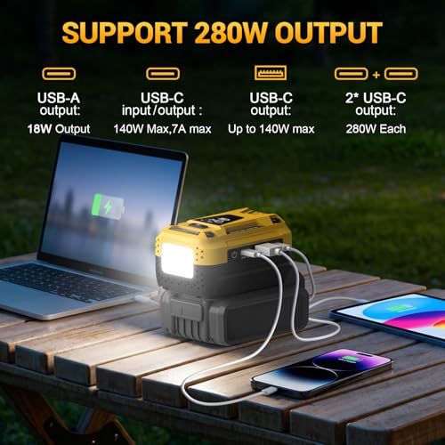 140W Fast Battery Bidirectional Charger Compatible with Dewalt 20V Battery | Dual USB-C 140W Output, Single USB-A 18W Output, Maximum Output of 280W, 700LM LED Work Light & LED Display (No Battery) - color: Yellow