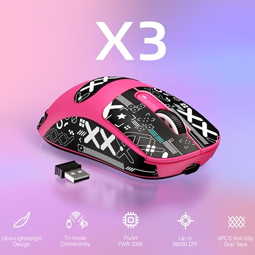 ATTACK SHARK X3 49g Lightweight Wireless Gaming Mouse, Berry&Tape | Triple Mode Ergonomic Computer Mouse, PAW3395 26K DPI Sensor,200h Battery Life, Programmable Buttons for PC/Mac/Win - color: Berry & Griptape