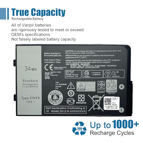 J7HTX Laptop Battery Replacement for Dell Latitude 7220 7202 7212 Rugged Extreme Tablet Series 7XNTR 02JT7D FH8RW 7.6V 34Wh 4342mAh - size: 4.28*2.51*0.54 inch J7HTX