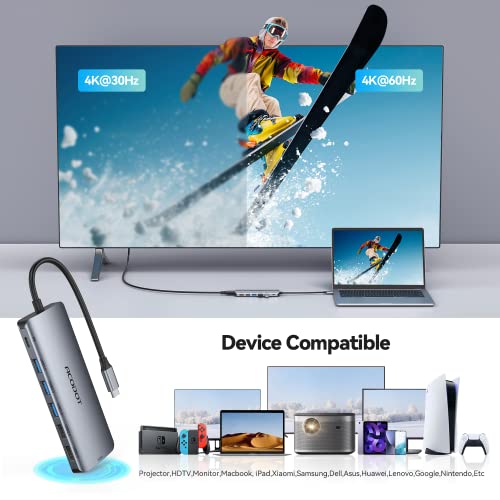 USB C Hub Docking Station, 9-in-1 Multi-Port USB Adapter, 4K@60Hz HDMI, 100W Max PD, 3 USB3.0(5Gbps) + 2 USB2.0 Data Ports, SD/TF Card Reader for MacBook, iPad Pro, Dell, HP, Lenovo, Windows Laptop - color: Grey