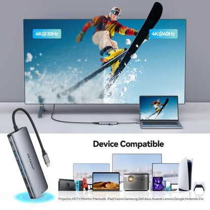 USB C Hub Docking Station, 9-in-1 Multi-Port USB Adapter, 4K@60Hz HDMI, 100W Max PD, 3 USB3.0(5Gbps) + 2 USB2.0 Data Ports, SD/TF Card Reader for MacBook, iPad Pro, Dell, HP, Lenovo, Windows Laptop - color: Grey