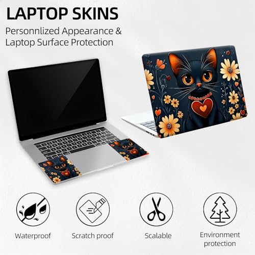 Black Cat with Heart Collar Floral Universal Laptop Skin Sticker 3PCS,Protective Decal Trim-to-Fit 11.6" 13.3" 14" 15.6" Laptop Vinyl Cover,Removable Anti-Scratch Computer Decal Protector - color: Black Cat with Heart Collar Floral