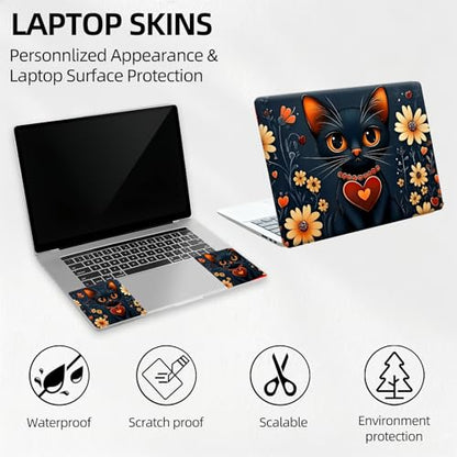 Black Cat with Heart Collar Floral Universal Laptop Skin Sticker 3PCS,Protective Decal Trim-to-Fit 11.6" 13.3" 14" 15.6" Laptop Vinyl Cover,Removable Anti-Scratch Computer Decal Protector - color: Black Cat with Heart Collar Floral