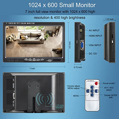 7 inch Portable Small HD 1080P VGA Monitor, Mini Screen 1024x600, HDMI/VGA/AV Input, with Speakers - size: TFT 7 inch 1024x600