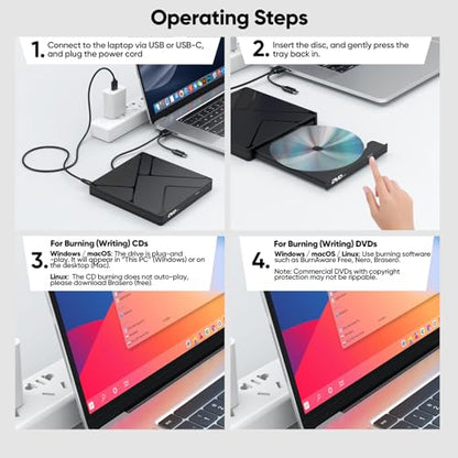 DVD Burner for Laptop, External USB 3.0 & USB C CD/DVD Drive Player Reader | with Power Supply for HP Lenovo Laptop MacBook Pro/Air/Neo mini PC, Win7/8/9/10 macOS Linux
