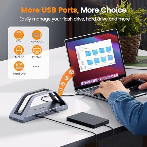 TobenONE 14-in-1 MacBook Pro Docking Station Dual 4K Monitor, Driver-Based | Aluminum Vertical Dock Stand for MacBook M1-M5/Neo, Dual 4K HDMI, VGA, 65W Adapter, 5Gbps USB, Space-Saving for Home & Office