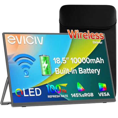 Wireless Portable Monitor with 10000mAh Battery, 18.5" 100Hz Gaming Monitor | Support AirPlay, Miracast, 145% sRGB QLED, USB-C & HDMI, Sleeve & VESA, Second Screen for Laptop, Game Consoles(3-4H) - size: 18.5