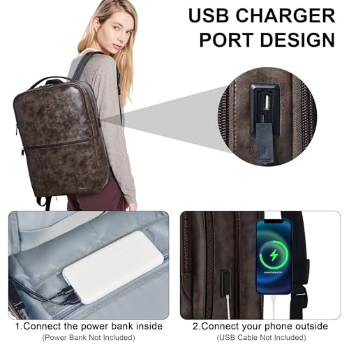 Vegan Leather Laptop Backpack for Women and Men Fits 16 Inch Laptop | Water Resistant,28L Expandable Computer Backpack Purse,USB Charging Port,Travel Work Business College Teacher Nurse - color: Two-toned Coffee