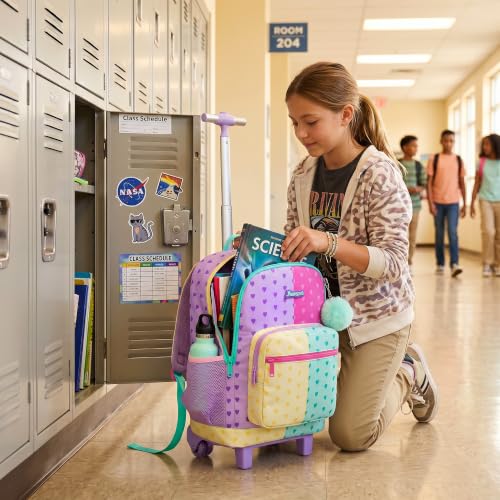 Girls Rolling Backpack with Lunch Box School Backpacks with Wheels 16.5" Roller Backpack for Girls, 3pcs Kids Wheeled Bookbag for Elementary School - color: Duoseaixin