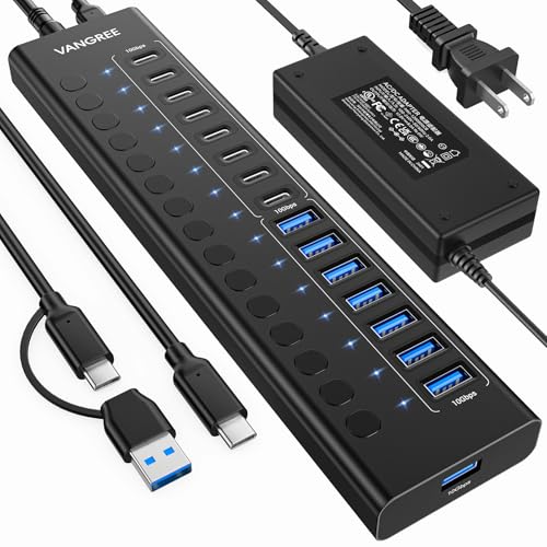 Powered USB Hub 3.2 Gen 2, VANGREE 16 Ports USB Hub (8 USB-A 3.2+8 USB-C 3.2), 10Gbps Aluminum Multiport Expansion Hub with 96W Power Adapter for PC Laptop HDD SSD Flash Drive