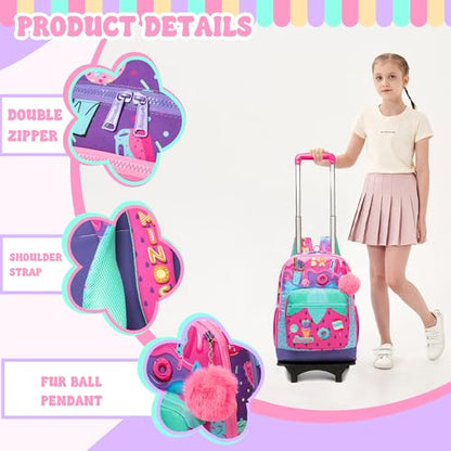 Girls Rolling Backpack for Kids Ages 8-12 Wheeled Backpack for Kids Backpacks for Girls with Lunch Bag Back to School Supplies Kit - color: Purple Ice Cream