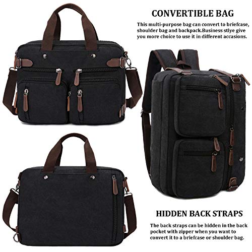 CROCOD 3 In 1 Canvas Convertible Laptop Bag for Men Women, 17.3 inch Laptop Messenger Bag Work Briefcase, Computer Shoulder Bag for Travel Business Office (17.3 Inch, Black) - color: Black