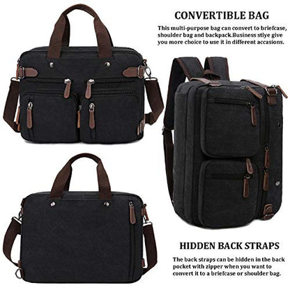 CROCOD 3 In 1 Canvas Convertible Laptop Bag for Men Women, 17.3 inch Laptop Messenger Bag Work Briefcase, Computer Shoulder Bag for Travel Business Office (17.3 Inch, Black) - color: Black