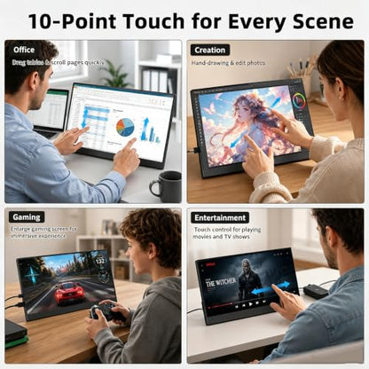 15.6'' Portable Monitor Touchscreen 10 Point 1080P IPS External Touchscreen Monitor for Laptop, USB-C HDMI Second Portable Screen Travel Monitor with 2 Speakers VESA for Mac Window PC Phone PS5（Touch）