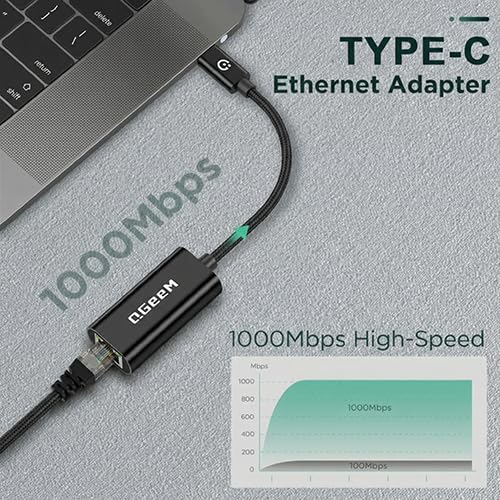 QGeeM USB C to Ethernet Adapter, 1000Mbps Gigabit RJ45 LAN Network Dongle, Thunderbolt 4/3 Compatible, Braided Nylon Aluminum Case for iPhone 17 16 15 Pro Max, MacBook Pro/Air M3 M2, iPad, XPS - Black - color: Black