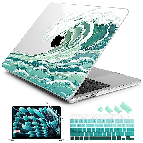 Batianda Case for MacBook Air 15" with M5 M4 M3 M2 Chip, Aqua Wave | 4-in-1 set with aqua ocean wave design, lightweight slim hard shell protection for beach lovers, surfers and students - color: Waves