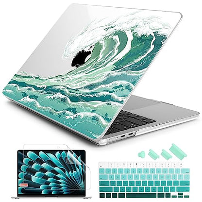 Batianda Case for MacBook Air 15" with M5 M4 M3 M2 Chip, Aqua Wave | 4-in-1 set with aqua ocean wave design, lightweight slim hard shell protection for beach lovers, surfers and students - color: Waves