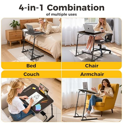Upgraded Folding TV Tray Table, Extra Large & Sturdy Laptop Table for Couch | Height & Angle Adjustable Desk for Dinner, Work & TV - Includes Footrest, Cup Holder, iPad Holder & Edge Stopper - color: (Black) - Dark Wood Mahogany