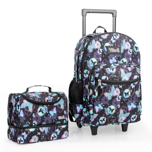 Tilami Rolling Backpack for Kids 18 Inch Double Handle Wheeled Bookbag for Boys & Girls for School & Travel,Butterfly - color: Butterfly