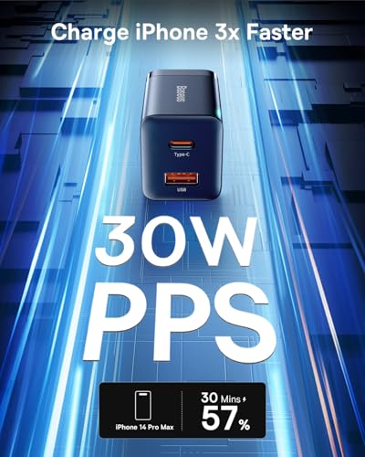 Baseus 30W Dual Port USB C PD Charger Block, Foldable PPS GaN Fast Charger Power Adapter for iPhone 17/16 Pro Max, Galaxy S25 Ultra/S24, Google Pixel, iPad Pro, Black - color: 30W