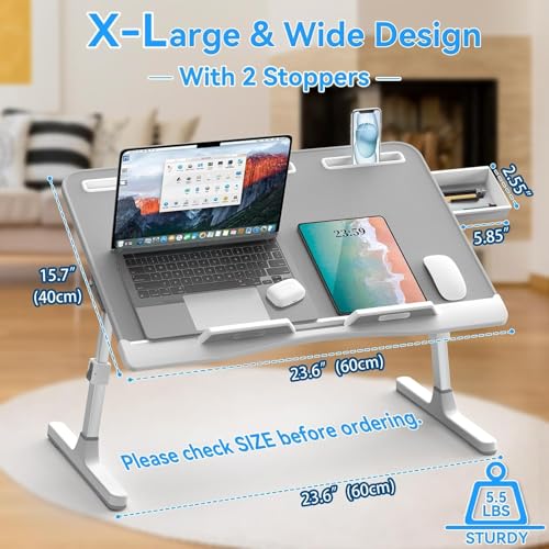 Laptop Bed Desk, X-Large Leather Adjustable Computer Bed Table Tray, Foldable Laptop Lap Desk for Bed Sofa Couch Floor Writing Eating Working with Drawer 2 Movable Stoppers (23.6 inch, Grey) - color: Gray