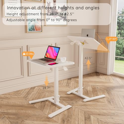 25" Mobile Folding Desk: Pneumatic Sit-Stand, No Assembly | 29-42" Height Adjustable Rolling Laptop Desk, Hidden Wheels, 0-90° Tilt Top. Ideal for Home Office, Craft & Study. - color: White