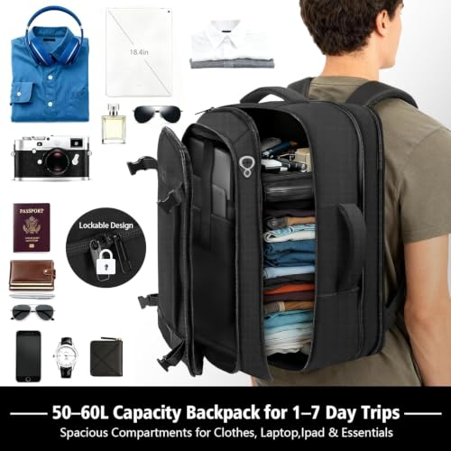 Roomy Carry On Backpack, Expandable Large Capacity Travel Backpack 1-7 Days | LifetimeWarranty,Fits18.4" Laptop,Water Resistant Anti Theft Carry on Laptop Backpack for Men Women,Flight Travel,Black - color: Black, size: Max (55L-65L)