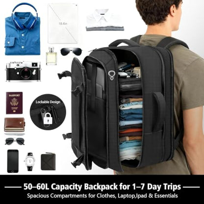 Roomy Carry On Backpack, Expandable Large Capacity Travel Backpack 1-7 Days | LifetimeWarranty,Fits18.4" Laptop,Water Resistant Anti Theft Carry on Laptop Backpack for Men Women,Flight Travel,Black - color: Black, size: Max (55L-65L)