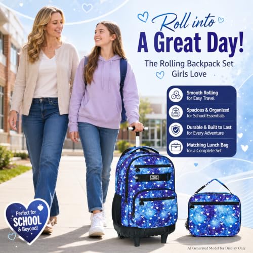 3Pcs Rolling Backpack for Girls Women, Travel Roller Backpacks with Wheels for Adults, Teens College Love Polka Dots Wheeled Bookbag with Lunch Box(Blue) - color: Blue