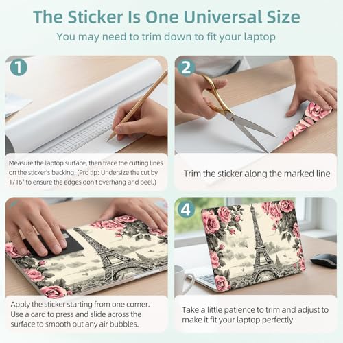 Universal Laptop Skin Decal, 3-Piece Vinyl Protector for 12 13 14 15.6" Notebook, Waterproof Anti-Scratch, Easy Trim & Bubble-Free Finish, Eiffel Tower Surrounded by Pink Rose - color: Eiffel Tower Surrounded by Pink Rose