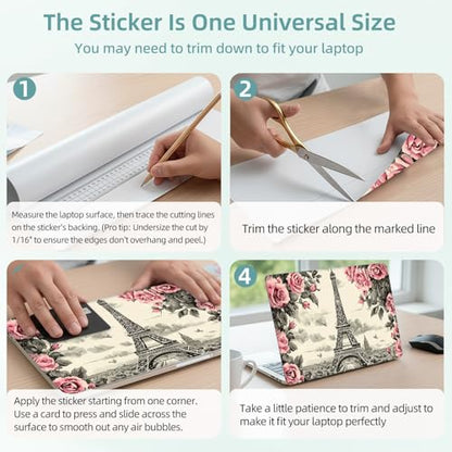 Universal Laptop Skin Decal, 3-Piece Vinyl Protector for 12 13 14 15.6" Notebook, Waterproof Anti-Scratch, Easy Trim & Bubble-Free Finish, Eiffel Tower Surrounded by Pink Rose - color: Eiffel Tower Surrounded by Pink Rose