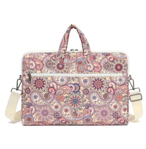 Laptop Bag, Messenger Shoulder Bag with Adjustable Strap Purple Paisley Floral - color: Black With White and Blue Floral Pattern