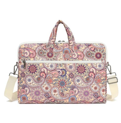 Laptop Bag, Messenger Shoulder Bag with Adjustable Strap Purple Paisley Floral - color: Black With White and Blue Floral Pattern