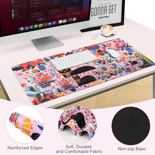 Petmolico 4-in-1 Wrist Rest Set with Desk Pad, Cat and Flowers | Non-slip PU base, soft Lycra & memory foam, ergonomic pain relief, great for home/office - color: Rose