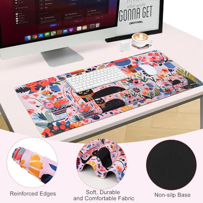 Petmolico 4-in-1 Wrist Rest Set with Desk Pad, Cat and Flowers | Non-slip PU base, soft Lycra & memory foam, ergonomic pain relief, great for home/office - color: Rose