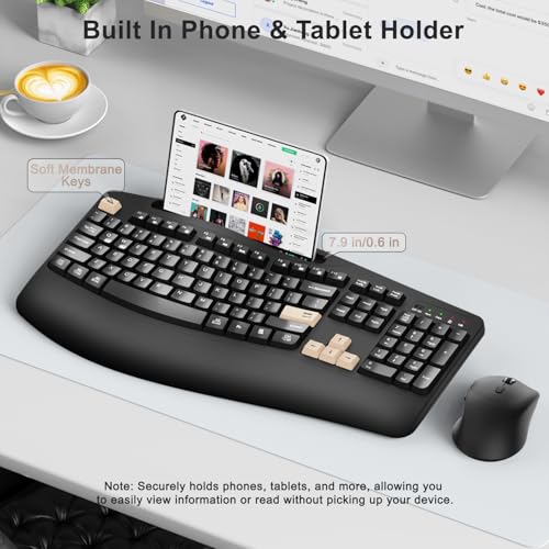 Wireless Keyboard and Mouse Combo, 2.4G Full Size Wave Keys Ergonomic Keyboard with Wrist Rest, Phone Holder, 3-Level DPI Wireless Silent Mouse with 6-Buttons, for Windows (Latte Black) - color: Latte Black