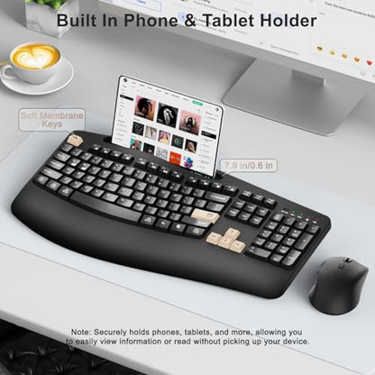 Wireless Keyboard and Mouse Combo, 2.4G Full Size Wave Keys Ergonomic Keyboard with Wrist Rest, Phone Holder, 3-Level DPI Wireless Silent Mouse with 6-Buttons, for Windows (Latte Black) - color: Latte Black
