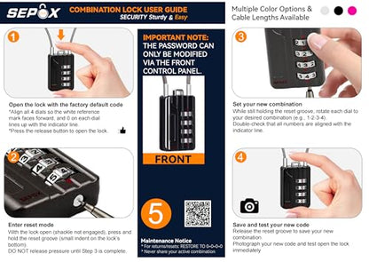 SEPOX® Compact Design Resettable Combination Padlock 4 Digit, 30mm 1-3/16" Width Body, Extra Long 16cm Cable Lock for Suitcase, Travel, Gym Lockers, Helmet, Cabinets, Case, Fence, Pack of 4 Black - color: Black 16cm 4pcs