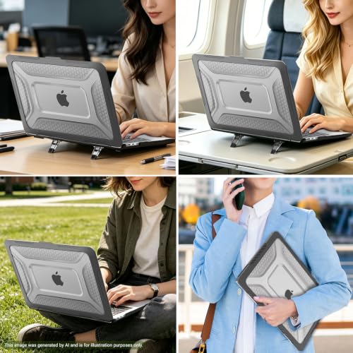 MOSISO Compatible with MacBook Air 13 inch Case M5 M4 M3 M2, Black | 2 in 1 Kit Honeycomb Shock Resistant Hard Case with Foldable Kickstand for MacBook Air 13.6 2026-2022 A3449 A3240 A3113 A2681 - color: Black