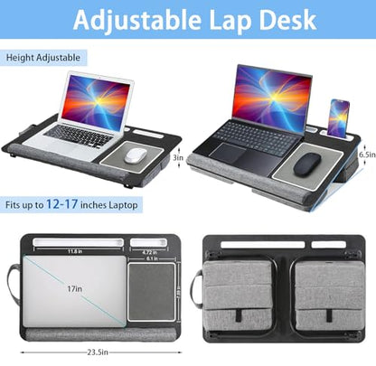 Laptop Lap Desk, Lap & Bed Desk with Adjustable Cushion, Fit up to 17" Laptop Stand for Couch/Sofa/Floor, Computer Tray Table for Adults, with Foldable Legs,Wrist Rest, Tablet & Phone Holder