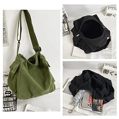 KlaOYer Canvas Messenger Bag Large Hobo Bag Crossbody Shoulder Bag Tote Bag with Pocket for Women and Men - color: Green 2