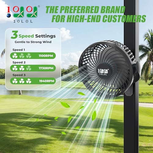 10L0L Magnetic Golf Cart Fan, 3-Speed Portable Cooling Fan, 56Hrs Runtime 8000mAh Battery with LED Light & Reverse Charging Function for All Golf Carts