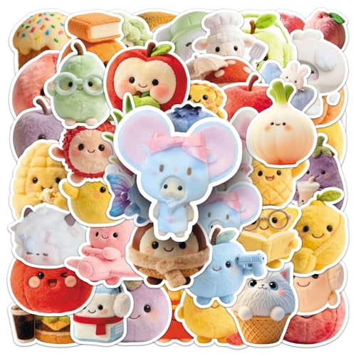 50 PCS Cute Plush Stickers for Scrapbooking, Kawaii Cartoon Decals for Journaling Planner, Waterproof Adorable Food Animal Vinyl Stickers for Water Bottle Laptop Phone DIY Crafts - style: A6