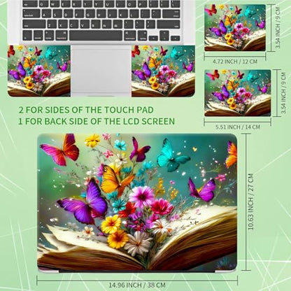 Laptop Skin Sticker Decal, Universal Protective Cover Fit 12 13 14 15.6 Inch Notebook, Reusable Water-Resistant Vinyl Decal w/ 2 Wrist Pads for Business Travel, Books Flowers Butterflies - color: Books Flowers Butterflies
