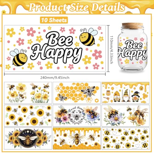 Bee Gnome Sunflower UV DTF Cup Wraps, 10 Sheets Transfer Sticker | Waterproof UV DTF Stickers, Custom Vinyl Decals for 16oz Coffee Cups Tumblers Bottles Mugs, DIY Gifts & Crafts - style: Bee with Gnome and Sunflower