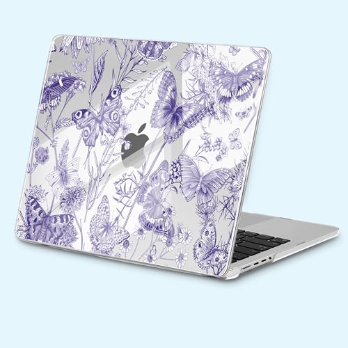for MacBook Pro 14 inch Case 2025 M5 2024 M4 2023 Release– Fashionable Lightweight Floral Design Transparent HD Clear Laptop Shell, with TPU Keyboard Cover & OTG Adapters, Butterfly Blue - color: Butterfly Blue