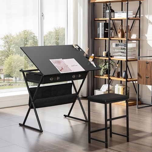 VECELO Drafting Table Art Desk Art Table Adjustable Drawing Table Tilted Tabletop with 2 Storage Drawers and Stool, Drawing Desk for Artist Painters Drawing, Crafting, Reading, Writing, Black - color: Black