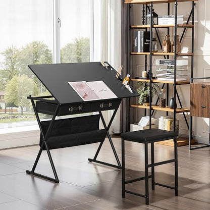 VECELO Drafting Table Art Desk Art Table Adjustable Drawing Table Tilted Tabletop with 2 Storage Drawers and Stool, Drawing Desk for Artist Painters Drawing, Crafting, Reading, Writing, Black - color: Black