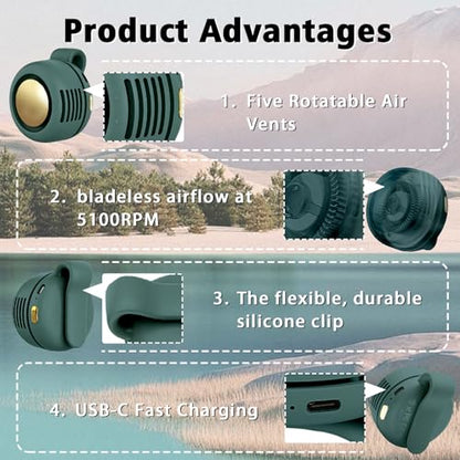 Portable Clip-On Fan, Mini USB Rechargeable 360° Rotatable Fan, Personal Fan 3-Speed Silent Mini Bladeless Fans (Green) - color: 1pack（Green）